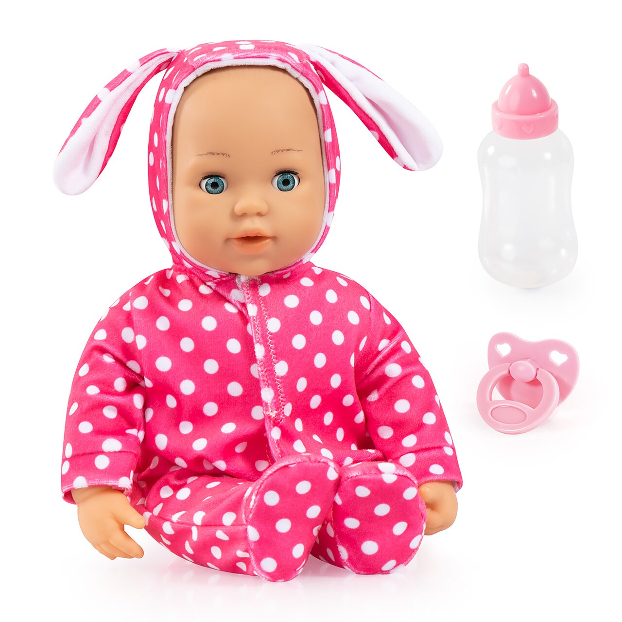 Bayer: Anna First Words Baby Doll - 15" Bunny Pink & White Polka Dot Onesie - Speaks & Open/Closes Eyes, Pacifier & Bottle